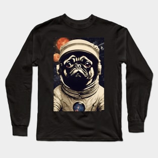 Cute Astronaut Pug in Space Vintage Surreal Collage Art Long Sleeve T-Shirt